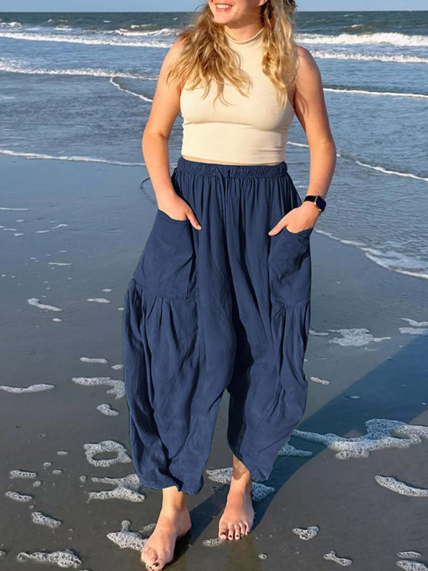 Eliana Women's elastic waist pleated high waist wide leg pants loose casual pants