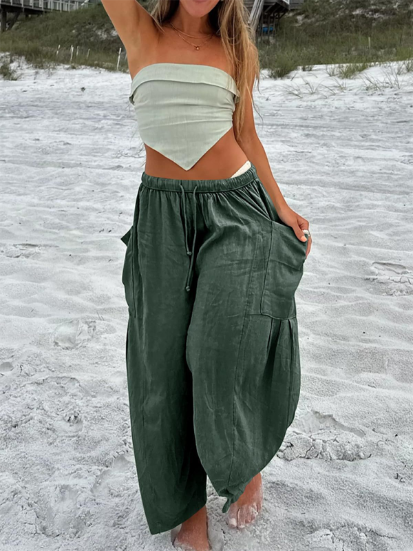 Eliana Women's elastic waist pleated high waist wide leg pants loose casual pants