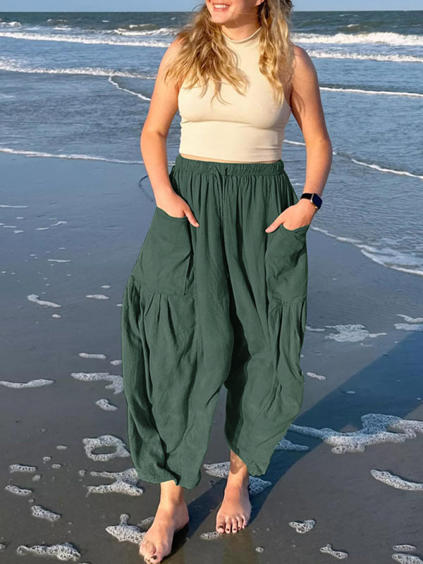 Eliana Women's elastic waist pleated high waist wide leg pants loose casual pants