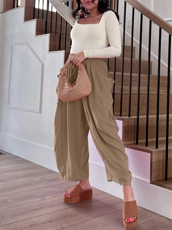 Eliana Women's elastic waist pleated high waist wide leg pants loose casual pants