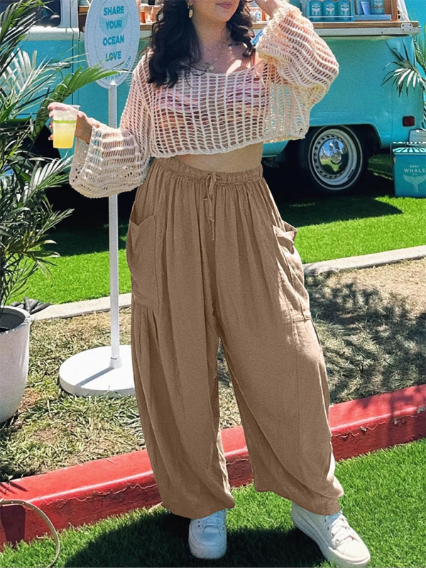 Eliana Women's elastic waist pleated high waist wide leg pants loose casual pants