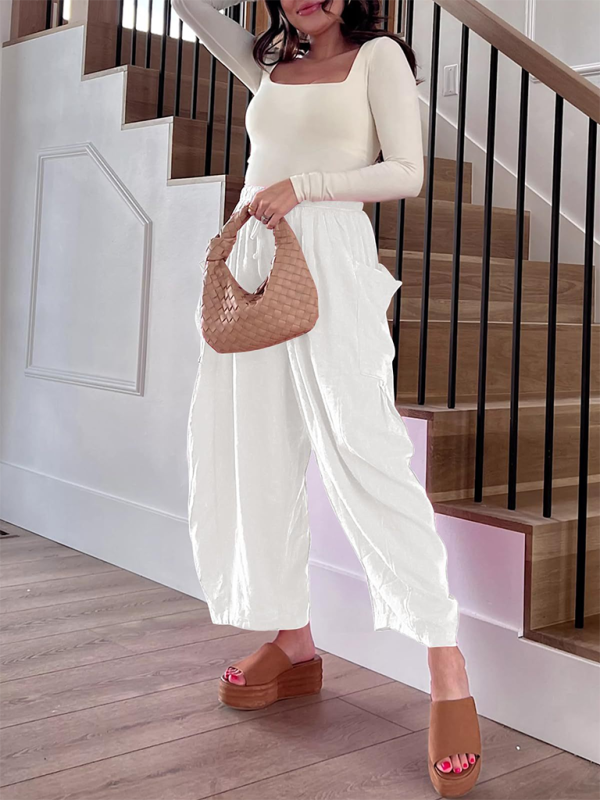 Eliana Women's elastic waist pleated high waist wide leg pants loose casual pants