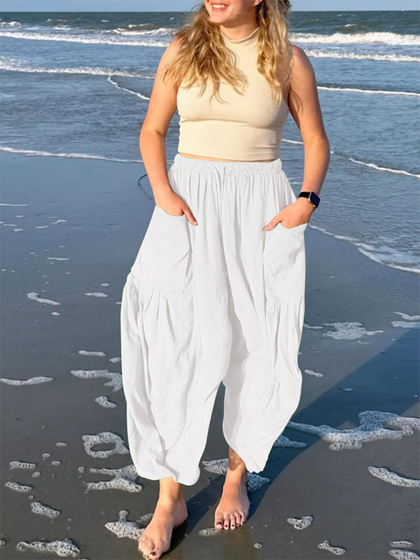 Eliana Women's elastic waist pleated high waist wide leg pants loose casual pants