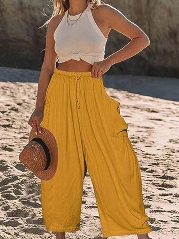 Eliana Women's elastic waist pleated high waist wide leg pants loose casual pants