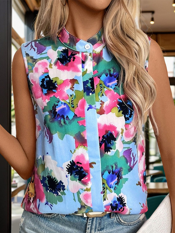 Leanna Women's Stand Collar Printed Sleeveless Shirt