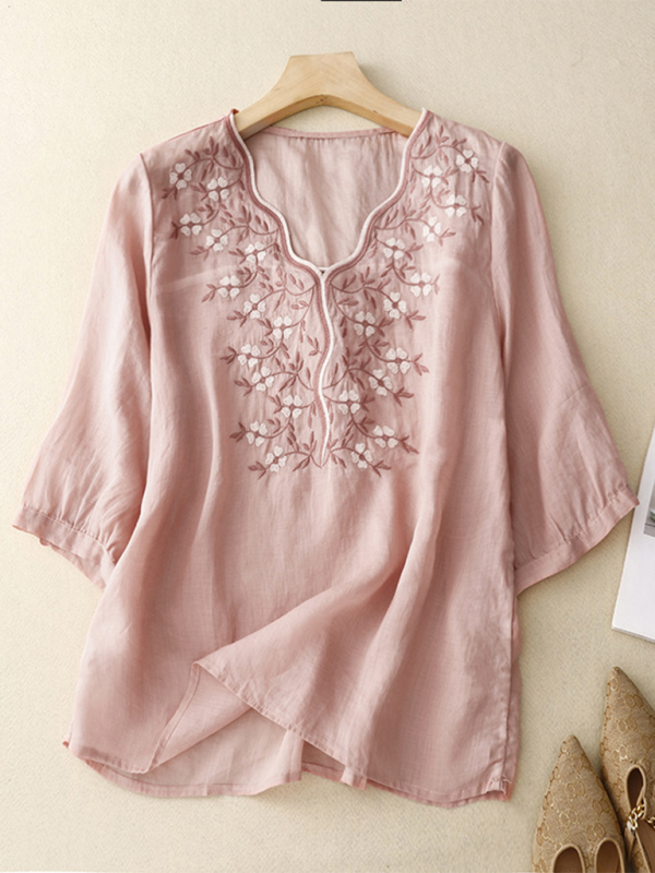 Latrice Vintage V-Neck Embroidered T-Shirt Top