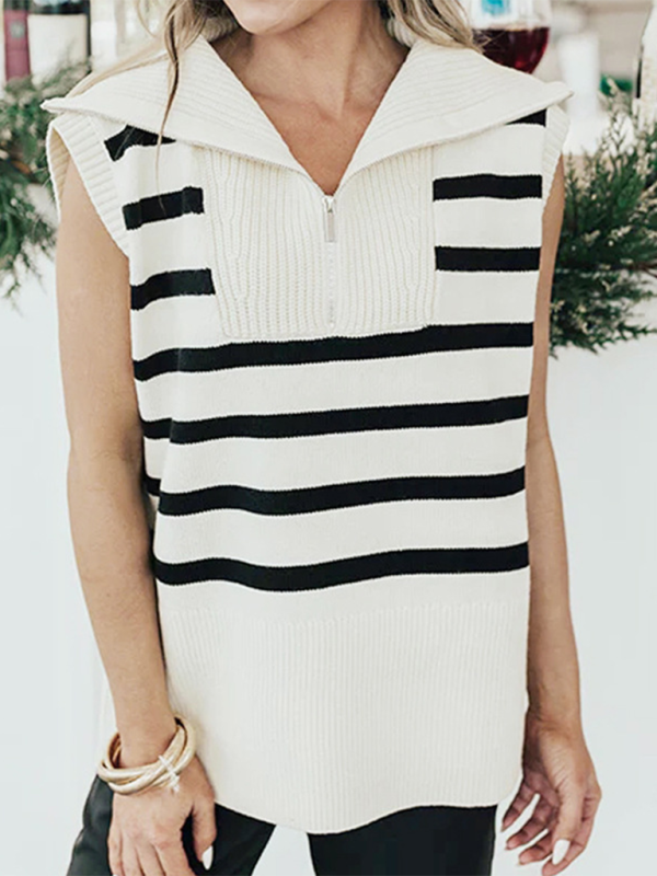 Lorelai New Simple Zipper Half-open Striped Lapel Vest