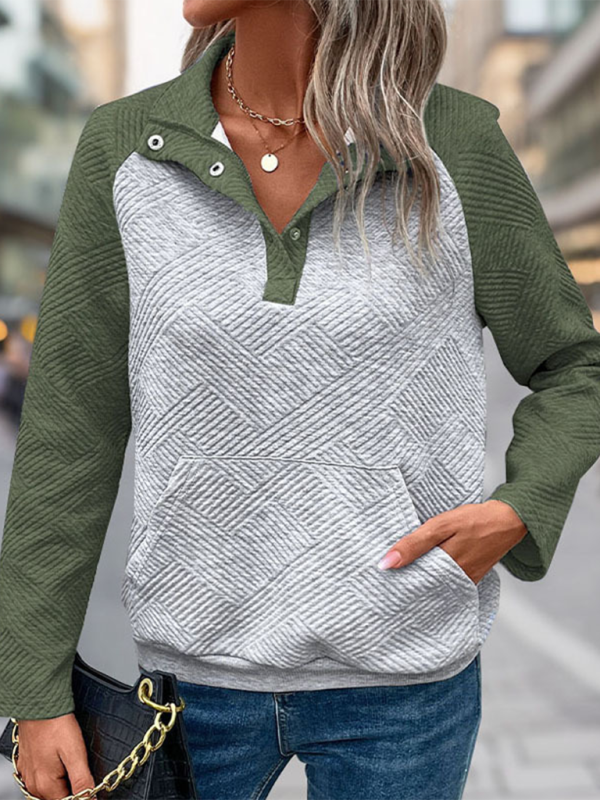 Maddison New Contrast Color Stitching Sweatshirt Texture Casual Comfortable V-neck Stand Collar Sweatshirt