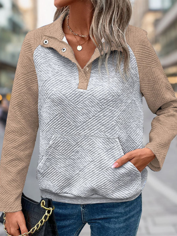 Maddison New Contrast Color Stitching Sweatshirt Texture Casual Comfortable V-neck Stand Collar Sweatshirt
