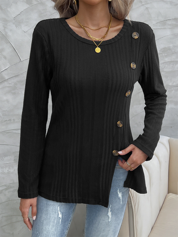 Ember Women's Round Neck Slit Button Long Sleeve Top