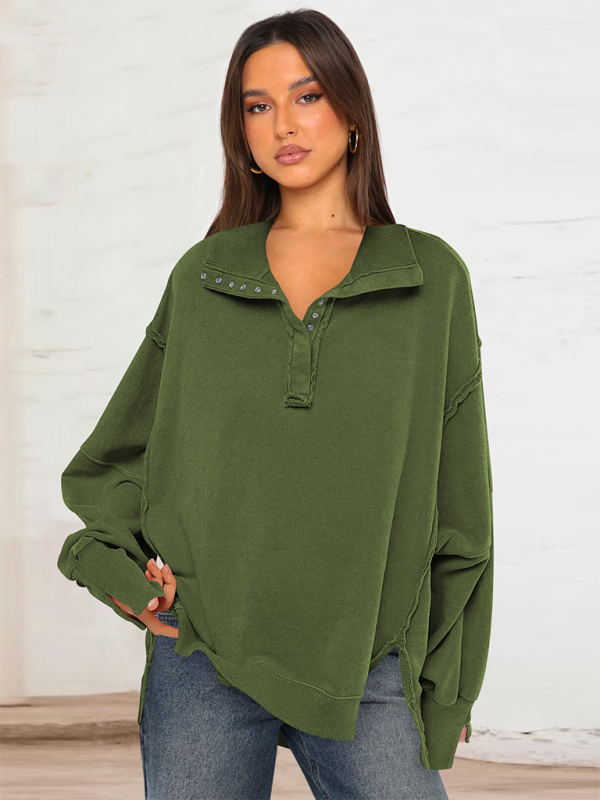 Aurelia Women's Lantern Sleeve Decorative Lines Split Lapel Loose Sweatshirt