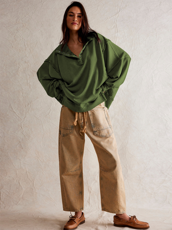 Aurelia Women's Lantern Sleeve Decorative Lines Split Lapel Loose Sweatshirt