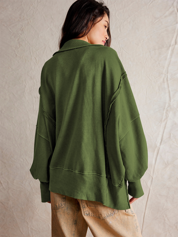 Aurelia Women's Lantern Sleeve Decorative Lines Split Lapel Loose Sweatshirt