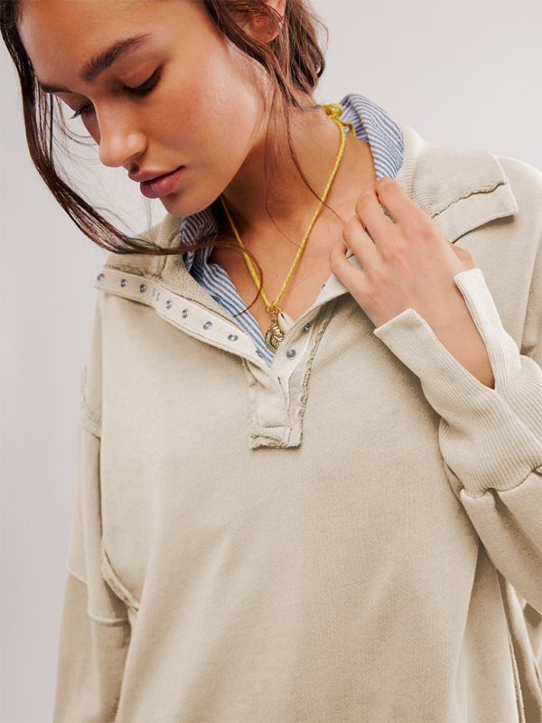 Aurelia Women's Lantern Sleeve Decorative Lines Split Lapel Loose Sweatshirt