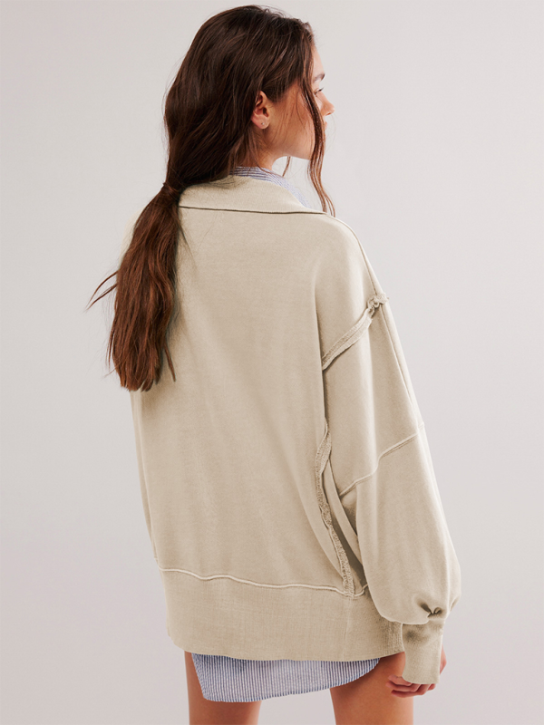 Aurelia Women's Lantern Sleeve Decorative Lines Split Lapel Loose Sweatshirt