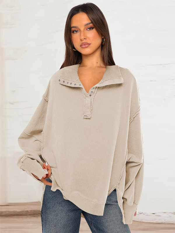Aurelia Women's Lantern Sleeve Decorative Lines Split Lapel Loose Sweatshirt