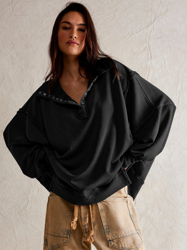 Aurelia Women's Lantern Sleeve Decorative Lines Split Lapel Loose Sweatshirt