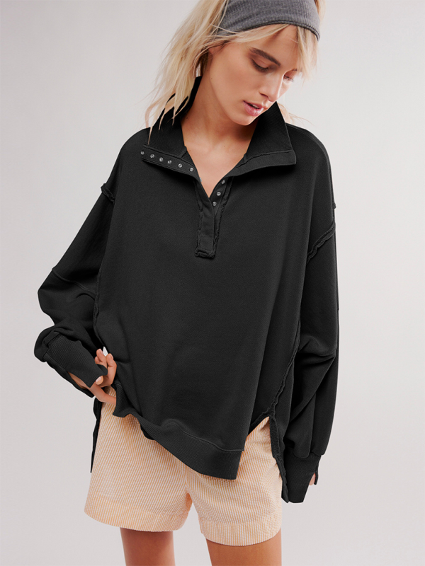Aurelia Women's Lantern Sleeve Decorative Lines Split Lapel Loose Sweatshirt