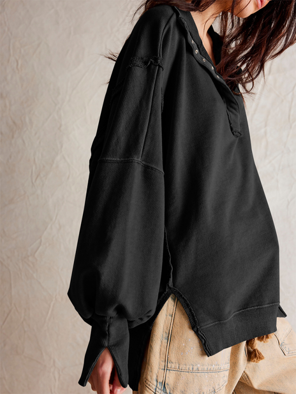 Aurelia Women's Lantern Sleeve Decorative Lines Split Lapel Loose Sweatshirt