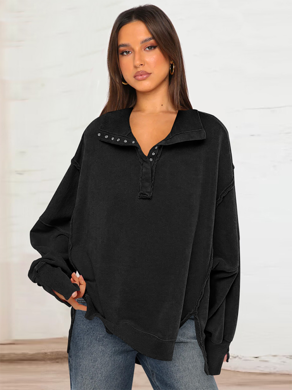 Aurelia Women's Lantern Sleeve Decorative Lines Split Lapel Loose Sweatshirt