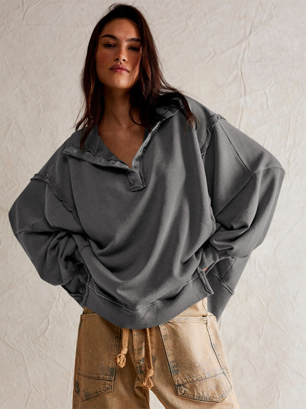 Aurelia Women's Lantern Sleeve Decorative Lines Split Lapel Loose Sweatshirt