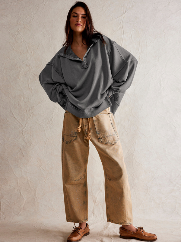 Aurelia Women's Lantern Sleeve Decorative Lines Split Lapel Loose Sweatshirt