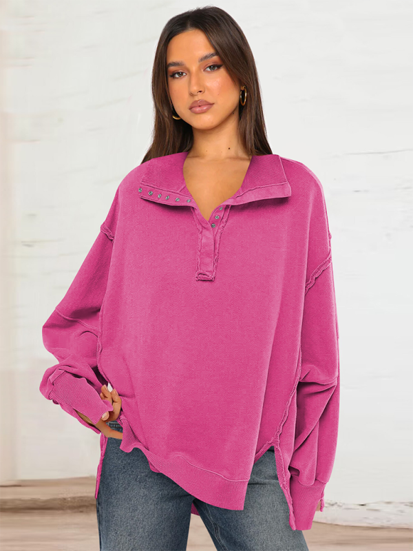 Aurelia Women's Lantern Sleeve Decorative Lines Split Lapel Loose Sweatshirt