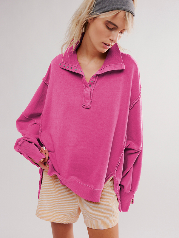 Aurelia Women's Lantern Sleeve Decorative Lines Split Lapel Loose Sweatshirt