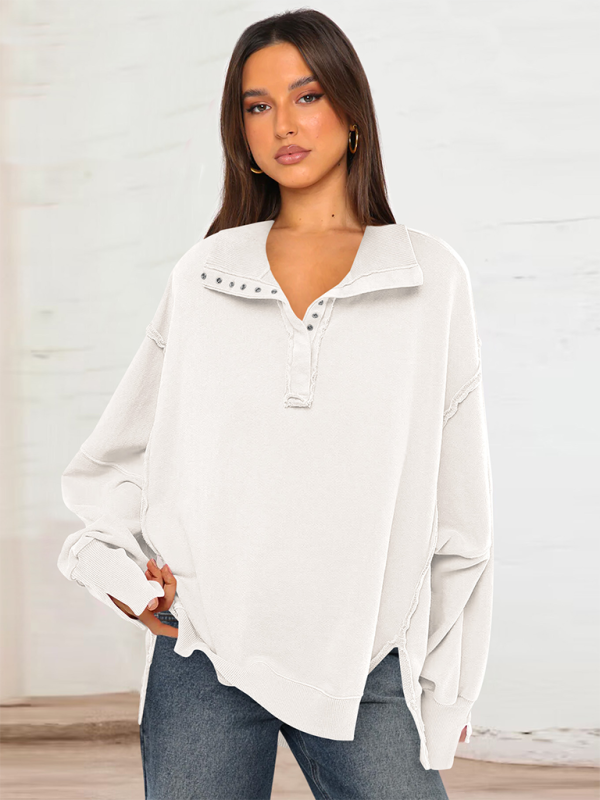 Aurelia Women's Lantern Sleeve Decorative Lines Split Lapel Loose Sweatshirt