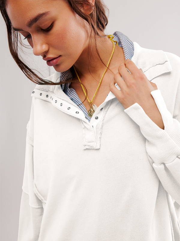 Aurelia Women's Lantern Sleeve Decorative Lines Split Lapel Loose Sweatshirt