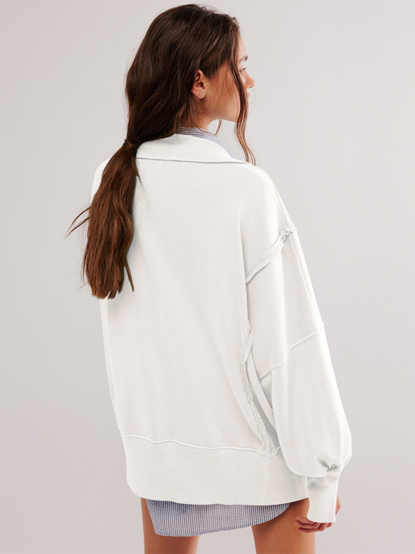 Aurelia Women's Lantern Sleeve Decorative Lines Split Lapel Loose Sweatshirt