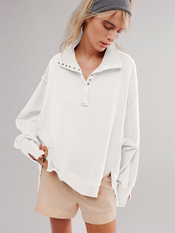 Aurelia Women's Lantern Sleeve Decorative Lines Split Lapel Loose Sweatshirt