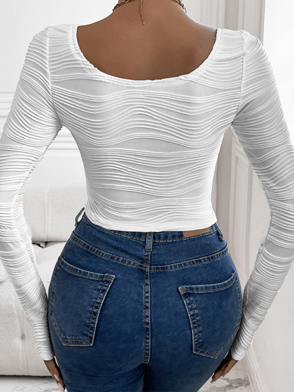 Lourdes New Women's Round Neck Slim Fit Sexy Curved Texture Long Sleeve T-Shirt Top