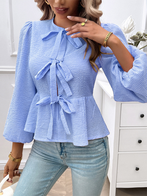 Arrietta Women's Casual Puff Sleeve Round Neck Loose Long Sleeve Shirt