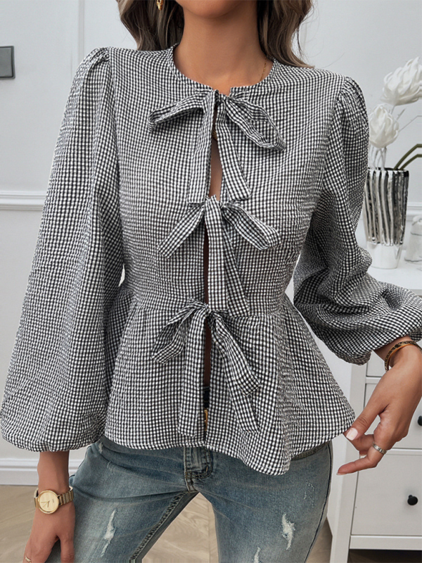 Arrietta Women's Casual Puff Sleeve Round Neck Loose Long Sleeve Shirt