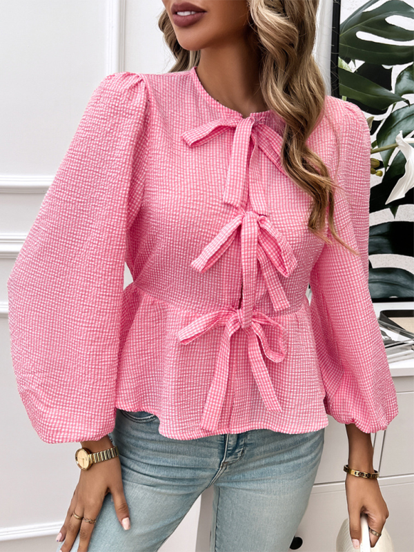 Arrietta Women's Casual Puff Sleeve Round Neck Loose Long Sleeve Shirt