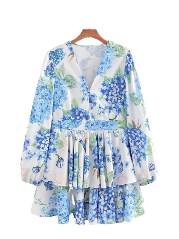 Rebecca New Women Fashion V-neck Printed Long-Sleeved Dress