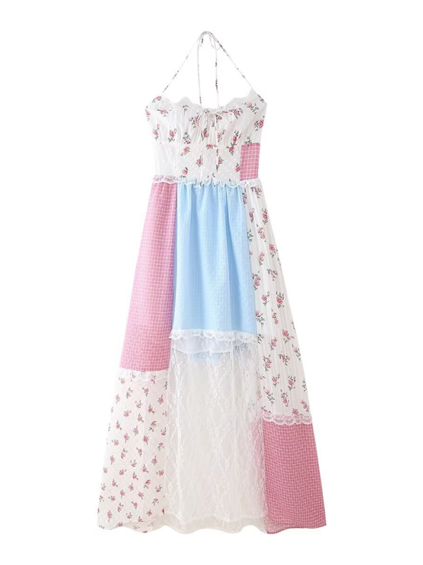 Juliet New Fashion Sleeveless Sweet Halter Neck Floral Splicing Holiday Dress