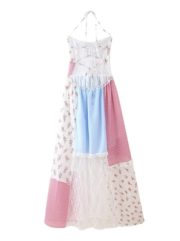 Juliet New Fashion Sleeveless Sweet Halter Neck Floral Splicing Holiday Dress