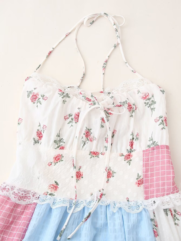 Juliet New Fashion Sleeveless Sweet Halter Neck Floral Splicing Holiday Dress