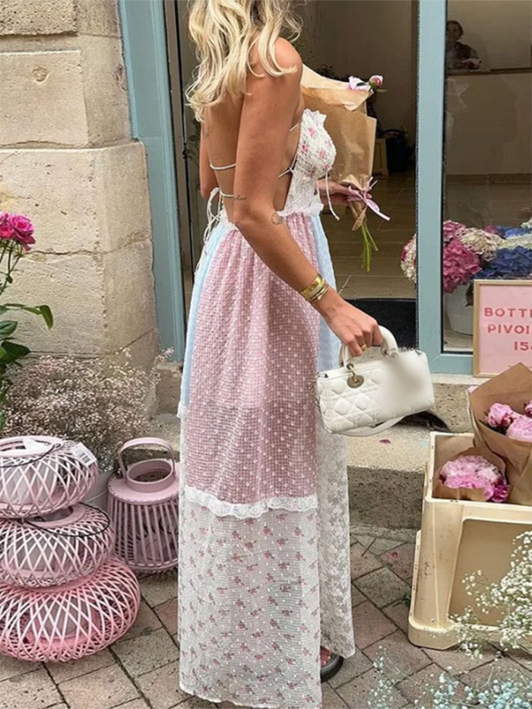 Juliet New Fashion Sleeveless Sweet Halter Neck Floral Splicing Holiday Dress