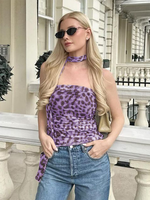 Adalyn New Leopard Print Hot Girl Pure Straight Neck Tube Top Slim Fit Vest