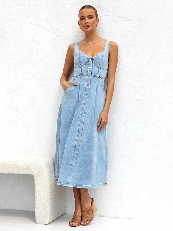 Hallie Light Blue Denim Buttoned Suspender Midi Skirt