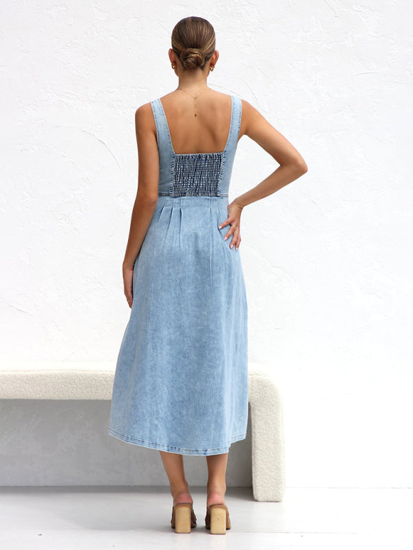 Hallie Light Blue Denim Buttoned Suspender Midi Skirt