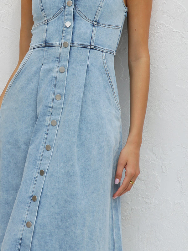 Hallie Light Blue Denim Buttoned Suspender Midi Skirt