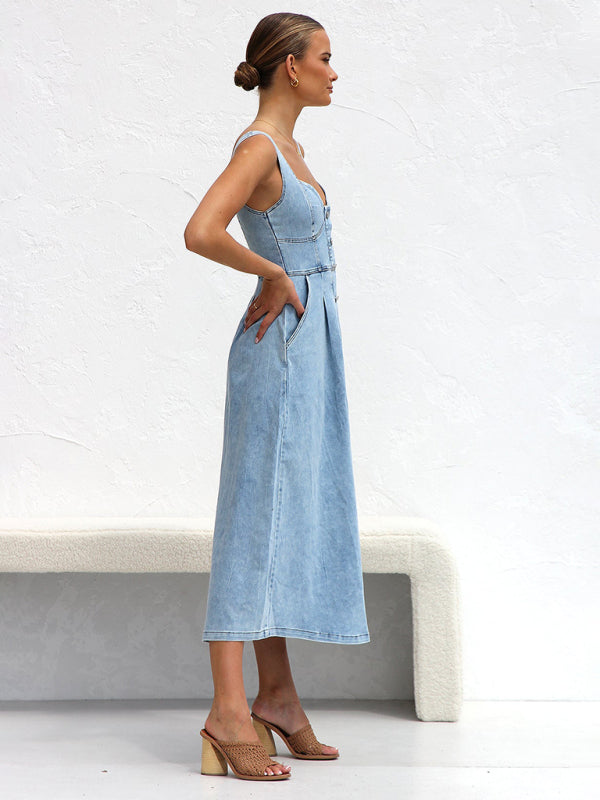 Hallie Light Blue Denim Buttoned Suspender Midi Skirt