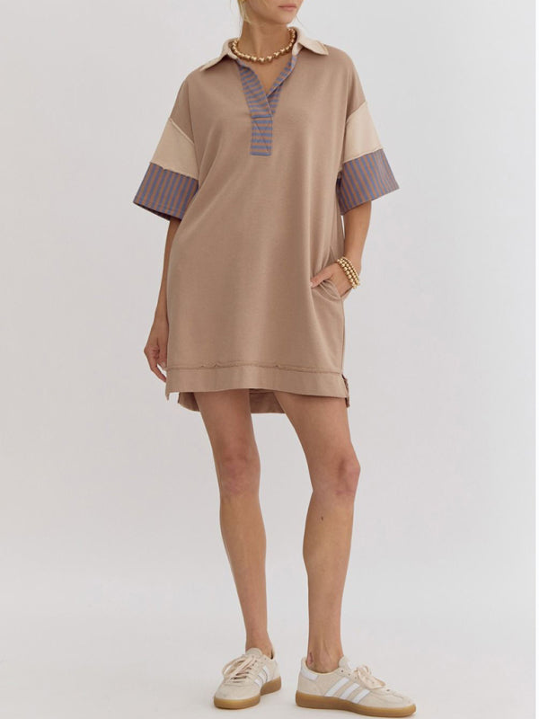Evie Cotton Striped Solid Color Polo Lapel Loose T-shirt Short Skirt