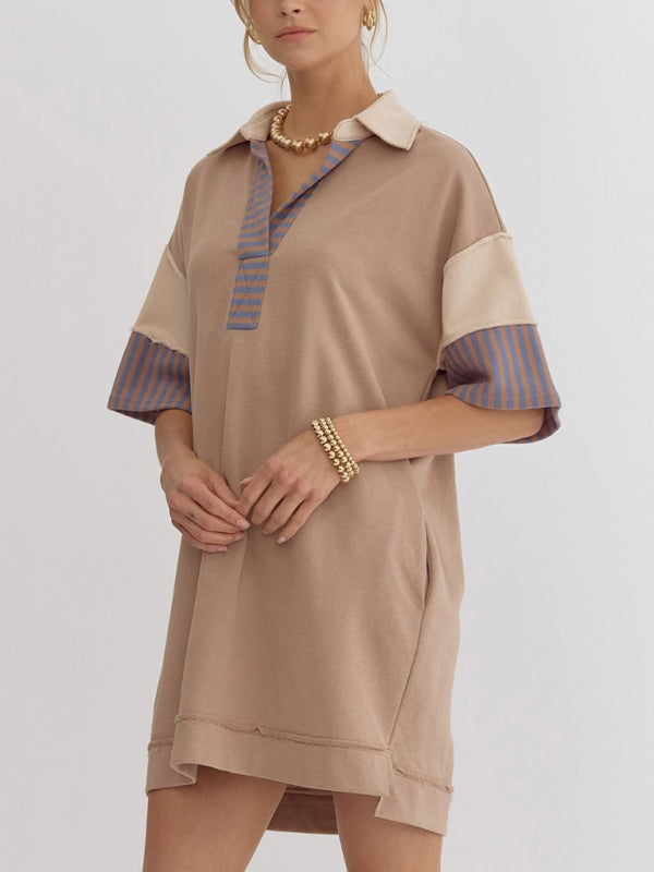 Evie Cotton Striped Solid Color Polo Lapel Loose T-shirt Short Skirt