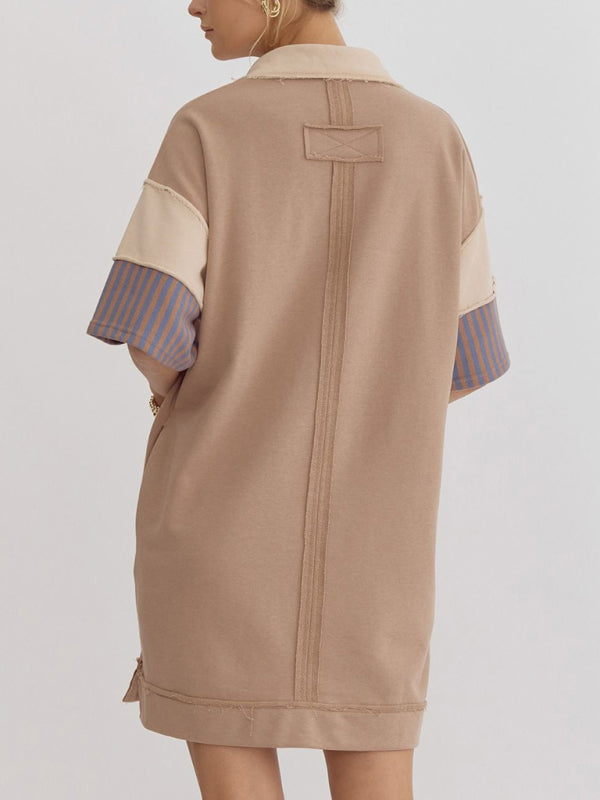 Evie Cotton Striped Solid Color Polo Lapel Loose T-shirt Short Skirt