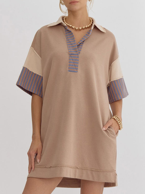 Evie Cotton Striped Solid Color Polo Lapel Loose T-shirt Short Skirt